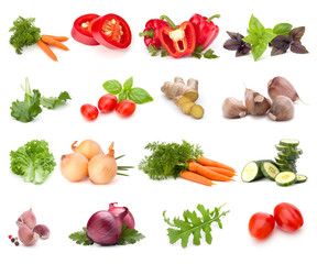 Gemüsesammlung lokalisiert über weißem Hintergrund. Satz verschiedene frische rohe Gemüse. Lebensmittelzutat. Gesundes Lebensmittelkonzept. .