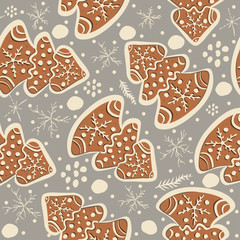 Cute Winter Seamless Pattern with gingerbread cookies. Vector Illustration.