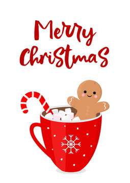 Naklejki Christmas vector card. Funny gingerbread man in red cup of cocoa with marshmallows