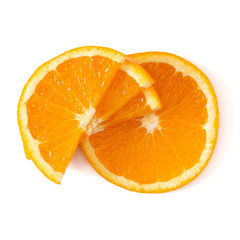 Orange fruit slice layout isolated over white background closeup. Food background. Flat lay, top view..