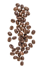 Coffee beans isolated over white background. Top view. Flat lay. Coffee beans flow in air, without shadow..