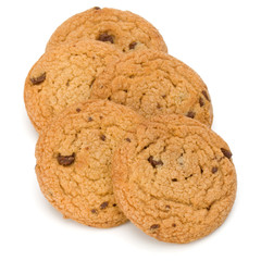 Chocolate chip cookies isolated over white background. Sweet biscuits. Homemade pastry..