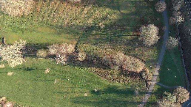 Bird's Eye View, Recreational Park, Winding Stream,  Railway, Road, Sunny Winter Day