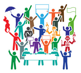 Political Protests. Demonstrators holding protest slogans. Protesters pictogram concept. Group of people.