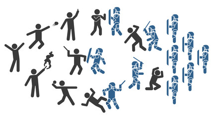 Police special forces. Set of icons that represent confrontation between police and demonstrators. Set of pictograms that represent police and protesters clash.
