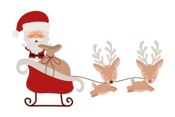 happy merry christmas santa claus in carriage and deer