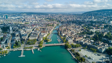 Beautiful aerial drone view of Zurich city and lake, during summer time, in Switzerland