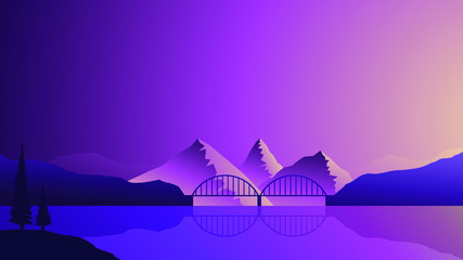 Minimalistic landscape with a view of the bridge, sunrise, mountains, lake.