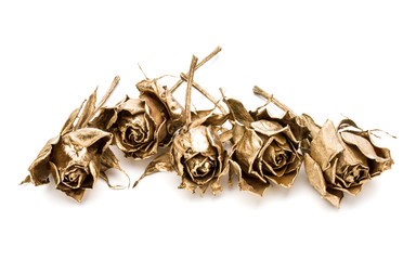 gold roses isolated on white background cutout. Golden dried flower heads, romance concept.