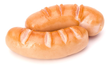 Two grilled sausages isolated on white background cutout