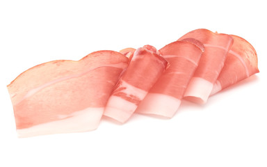 Italian prosciutto crudo or jamon. Raw ham. Isolated on white background