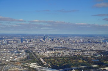 Aerial view of the skyline of the city of Philadelphia and the surrounding areas in Pennsylvania, United States