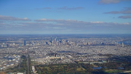 Aerial view of the skyline of the city of Philadelphia and the surrounding areas in Pennsylvania, United States