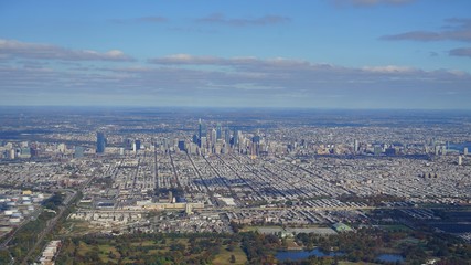 Aerial view of the skyline of the city of Philadelphia and the surrounding areas in Pennsylvania, United States