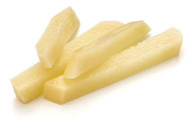 Raw Potato sliced strips prepared for French fries isolated on white background