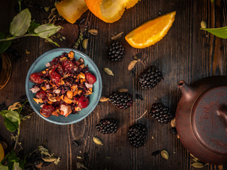 Preparation of the tea ceremony, tea in the bowl. Handmade cups