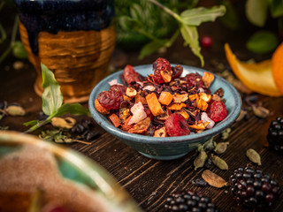 Preparation of the tea ceremony, tea in the bowl. Handmade cups