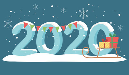 new year 2020 greeting card snow sled gifts and garland