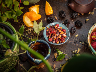 Preparation of the tea ceremony, tea in the bowl. Handmade cups