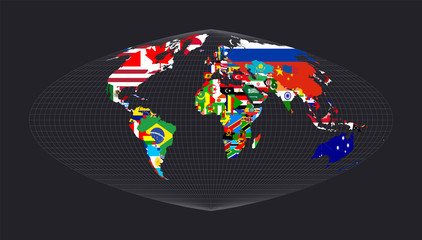Map of the world with flags. Boggs eumorphic projection. Map of the world with meridians on dark background. Vector illustration.