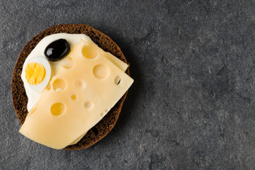 open Sandwich with cheese. Top view, flat lay.  Copy space.