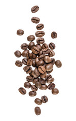 Coffee beans isolated on white background. Top view. Flat lay. Coffee beans flow in air, without shadow.