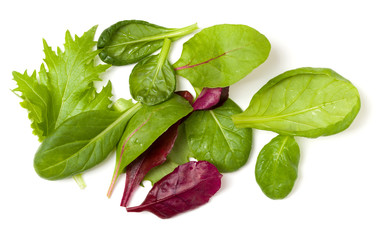 Different salad leaves handful isolated on white background. Top view, flat lay.