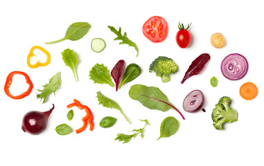 Creative layout made of tomato slice, onion, cucumber, basil leaves. Flat lay, top view. Vegetables...