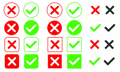 Large set of flat buttons: green check marks and red crosses. Circle and square, hard and rounded corners.