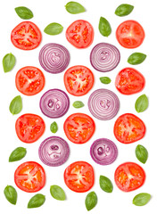 Creative layout made of tomato slices and basil leaves. Flat lay, top view. Vegetables isolated on white background. Food ingredient pattern.