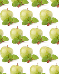Green apple, cinnamon sticks and mint leaves still life. Seamless food pattern.