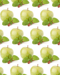 Green apple, cinnamon sticks and mint leaves still life. Seamless food pattern.