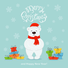 Polar Bear with Colored Presents on a Blue Christmas Background