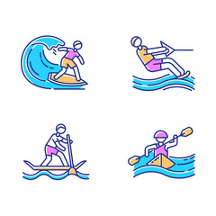Watersports color icons set. Surfing, water skiing, rafting and sup boarding. Extreme kinds of sports. Summer vacation leisure, adventures. Ocean beach activities. Isolated vector illustrations