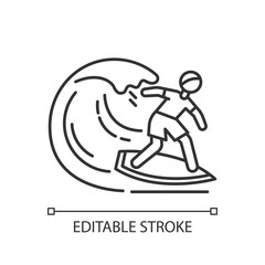 Surfing linear icon. Thin line illustration. Watersport, extreme kind of sport. Catching ocean wave, surfer balancing on board. Contour symbol. Vector isolated outline drawing. Editable stroke