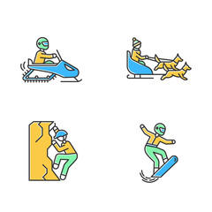 Extreme winter activity color icons set. Risky sport, adventure. Cold season outdoor leisure. Snowboarding, ice climbing, snowmobiling and dog sledding. Isolated vector illustrations