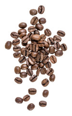 Naklejka premium Coffee beans isolated on white background. Top view. Flat lay. Coffee beans flow in air, without shadow.