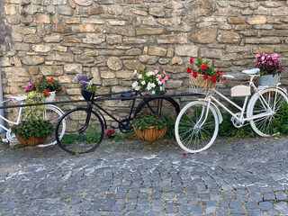 Fototapeta na wymiar Retro bikes with flowers on the street