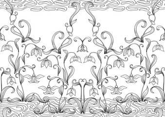 Galanthus, snowdrop. Seamless pattern, background. Outline hand drawing vector illustration In art nouveau style, vintage old retro style.