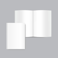 Vector mock up of white blank book cover isolated on grey background. Realistic closed vertical book, magazine or notebook template for your design. In front side of book.