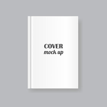 Vector mock up of white blank book cover isolated on grey background. Realistic closed vertical book, magazine or notebook template for your design. In front side of book.