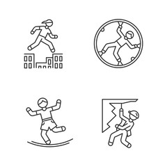 Extreme sports linear icons set. Parkour, traversing obstacles. Zorbing. Slacklining. Abseiling, rappelling. Thin line contour symbols. Isolated vector outline illustrations. Editable stroke