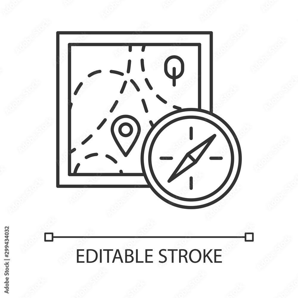 Poster foot orienteering linear icon. map and compass. navigating in unfamiliar terrain. navigation equipme