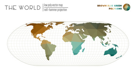 Vector map of the world. Nell-Hammer projection of the world. Brown Blue Green colored polygons. Modern vector illustration.