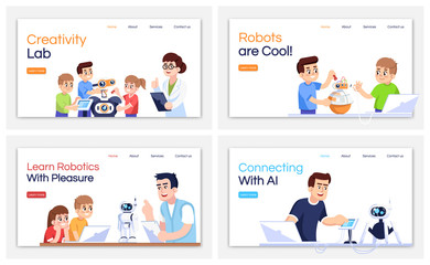 Fototapeta na wymiar Robotics courses landing pages vector template set. Cybernetics studying website interface idea with flat illustrations. Engineering club homepage layout. Web banner, webpage cartoon concept