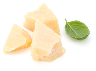 shredded parmesan cheese and basil leaf isolated on white background cutout