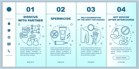 Safe sex onboarding mobile web pages vector template. Discuss with partner. Responsive smartphone website interface idea with linear illustrations. Webpage walkthrough step screens. Color concept