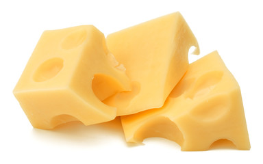Cubes of cheese. Cheese block isolated on white background cutout