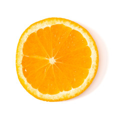 Orange fruit slice layout isolated on white background closeup. Food background. Flat lay, top view.