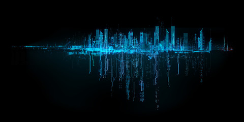 Futuristic skyscrapers in the flow. The flow of digital data. city of the future. 3D illustration. 3D rendering Banner futuristic city